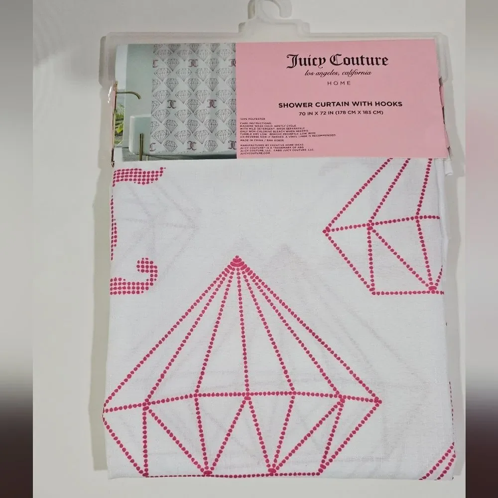Juicy Couture White Shower Curtain with Pink Diamond Geometric Design New